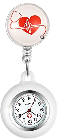 Silverora Silikon Krankenschwester Uhr einziehbar mit Stethoskop Herz Muster Revers Clip-on Taschenuhr für Arzt Krankenschwestern Silikonhülle für Frauen und Männer