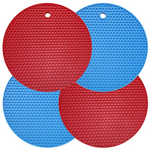Kingmate Silikon Topfuntersetzer 4er Set, Silikon-Waben-Isoliermatte, Hitzebeständig, rutschfest, Topflappen, Topfuntersetzer, Spülmaschinenfest, Rot Blau