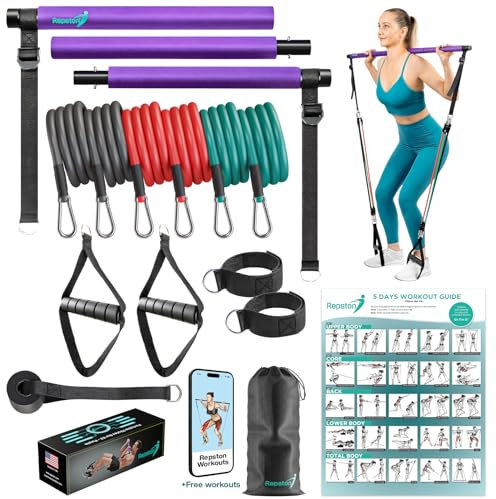 Premium Pilates Bar Kit mit Widerstandsbändern – Tragbares Heim-Fitnessstudio – Gedehnte Fusion Pilates Bar zu Hause Workout-Ausrüstung Frauen und Männer mit Workout-Videos