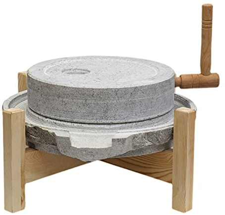 Natural Granite Handmade Stone Mill/Grinder, Handmade Household Old Hand Mill with Wooden Frame for Grain, Bean and Barley