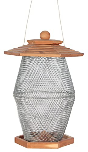 Dehner Natura Premium Futterlaterne Andorra, Futterstation für Wildvögel, Futterspender wetterfest / hängend, inkl. Aufhängevorrichtung, ca. 27 x 39 x 24 cm, Zedernholz / Metall, braun / silber