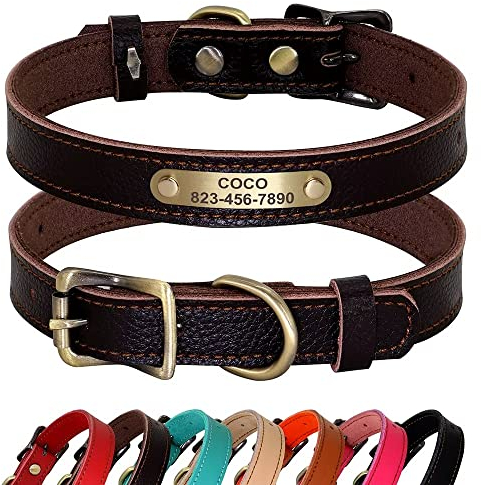 PET ARTIST Personalisiertes Hundehalsband aus echtem Leder, leichtes und weiches Halsband, 7 schöne Farben, langlebiges Hundehalsband für Welpen und kleine Hunde, Braun, M