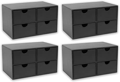 OSCO Faux Leather 4 Drawer Storage Chest, Stylish Desk Organiser for Stationery, Makeup, Jewellery & Accessories – Stackable Compact Drawer Box with Felt Lining for Home or Office – 4 Pack, Black