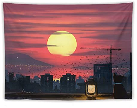 Kunstwerk Laterne Gebäude Dachfenster Berge Skyline Sonne Sonnenuntergang Wasser Wolken Stadtbild Stadt Lan Tapisserie Coole Kunstwerke Malerei Wandkunst Polyester Drucke Hängende Bild Wohnkultur
