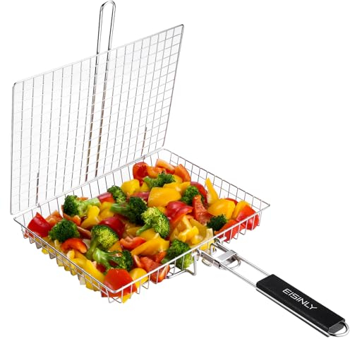 Tragbarer Grillkorb, EISINLY BBQ Grillkorb für Outdoor-Grill mit abnehmbarem Griff, Edelstahl Camping Kochen Grillzubehör für Huhn Fisch Gemüse