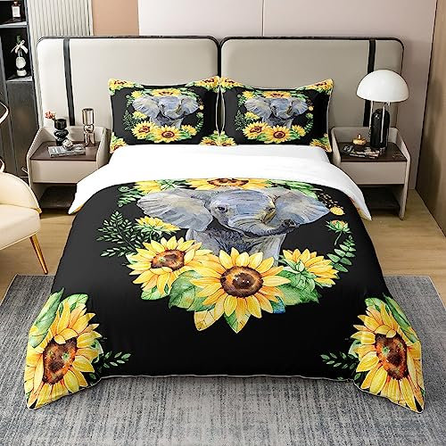 100% Gewaschene Baumwolle Elefant Tröster Abdeckung,Gelbe Sonnenblumen Bettwäsche Set 135x200 für Kinder Teens Schlafzimmer Dekor,Afrikanische Safari Tier Bettbezug Floral Petal Land Bettwäsche