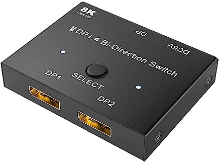 Jerilla Displayport Umschalter 8K Bi-direktionaler DP 1.4 Switcher DP Verteiler Konverter 2 In 1 Out/1 In 2 Out, 8K@60Hz 4K@144Hz für PC Host Laptop Monitor TV Projektor