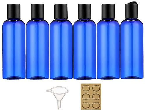 Apstaqeoo 6 x 100 ml Kunststoffflaschen mit Scheibendeckel, Klappdeckel, leere Quetschflasche, nachfüllbar, Reisebehälter, Spender mit 1 Trichter und 6 Etiketten, TSA-zugelassen, für flüssige Lotion,