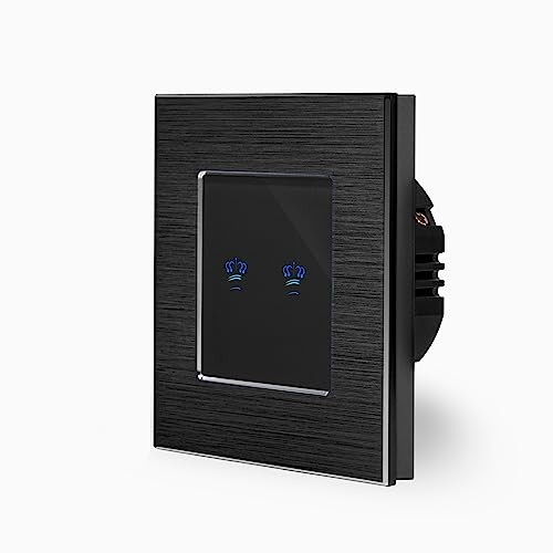 KRONE zweifacher Touch Dimmer Lichtschalter Ein/Aus 1-Fach im Aluminiumrahmen in schwarz 2-Weg Glas Berührungs Serienlichtschalter Wandschalter zum dimmen zweier Leuchten, Lampen Luxus-Time