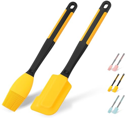 Extra Long Silicone Pastry Brush+Spatula - Heat Resistant, for Baking, Scraping, Mixing, BBQ, Grill, Kitchen, Cooking, Spread Oil, Butter (Yellow Brush+Spatula)