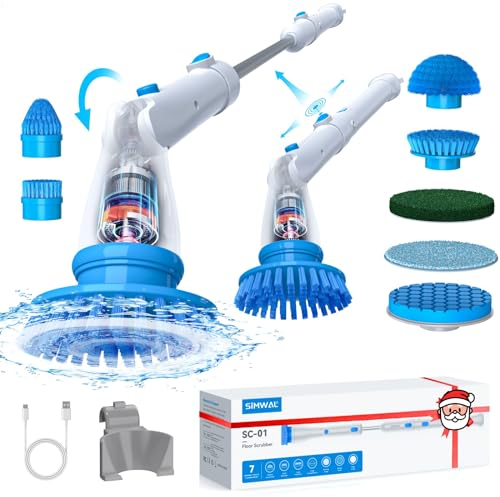 Cepillo Eléctrico Limpieza Hogar, 2024 SIMWAL Fregadora Giratoria Eléctrica con 7 Cepillo Reemplazables & 2 Ángulos Ajustables, Cepillo de Limpieza Electrico para Hogar Cocina bañera Coche (Azul)