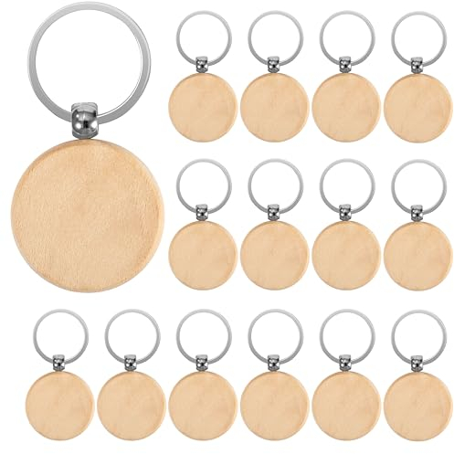 Porte-Clés en Bois, 15 Pcs Bricolage Vierge Personnalisé Porte Clés en Bois, Naturel Étiquettes Rond en Bois Brut, Chaîne de clé Clair à graver avec Anneau, pour Dessin DIY Cadeau Décoration