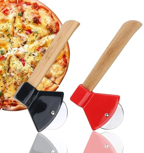 2Pcs Pizza Cutter Wheel - Unique Axe Shaped Stainless Steel Pizza Knife with Bamboo Handles and Sharp Rotating Blades - Effortlessly Slice and Serve Delicious Pizzas