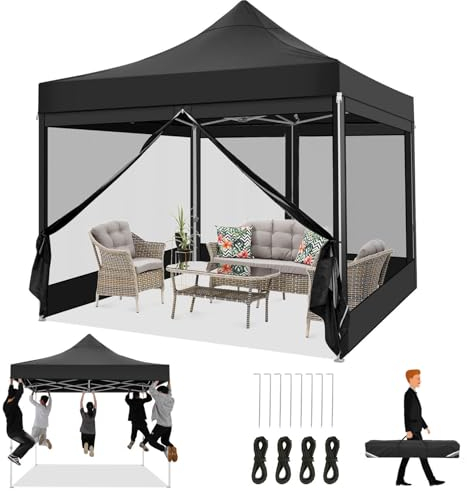 COBIZI Faltpavillon 3x3 Pavillon 3x3m Wasserdicht Stabil, Partyzelt Faltbar mit 4 Seitenwänden Moskitonetz Pop Up Gartenpavillon Anti-UV für Garten, Schwarz