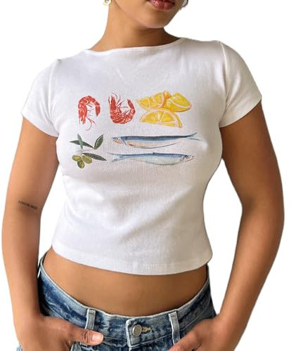 Women Y2k Short Sleeve Baby Tees E Girls Cute Graphic Print Crop Top Slim Fit T-Shirts Vintage Aesthetic Cloth Summer (1269 Tapas Scene, S)
