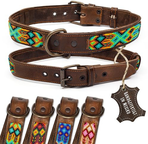ALTEZAR Lederhalsband Hund - Doppelt Tribal Bestickt Grün Braun - Hochwertig verarbeitetes Hundehalsband Leder - Handgemacht in Mexiko - Größe XL - Halsband Hund für große Hunde Leder breit