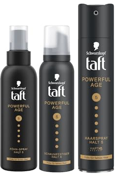 Taft Schwarzkopf Schaumfestiger Powerful Age (150ml) Haltegrad 5 & Haarspray Powerful Age (250 ml) Haarstyling dünner werdendes Haar & Föhn-Spray Powerful Age (150ml) vegane Formel*