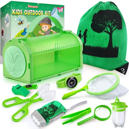 Insektenbox für Kinder, Outdoor Spielzeug Geschenke für Kinder Jungen, Outdoor-Käferfangbehälter mit Vergrößerungsglas, Rucksack, Taschenlampe, Schmetterlingsnetz, Kompass Uhr