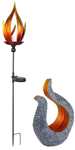 GLOBO LED Solarleuchte Solarlampe mit Feuereffekt Außenleuchte Gartenleuchte Außenlampe, Flammen Design, Steinoptik-Skulptur, warmweiß, 2er Set