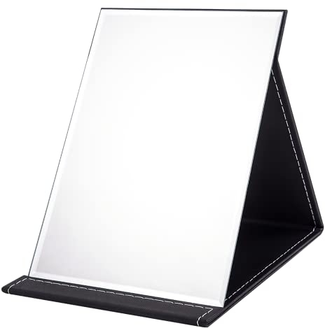 WISYOK Miroir Maquillage Pliable, Miroir Coiffeuse sur Pied, Miroirs de Table Portable, Miroir Voyage, Miroir de Maquillage en Cuir PU, Super HD Miroir Réglage Multi-Angle - 21x15cm (Noir)