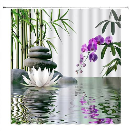Zen Shower Curtain Green Bamboo Lotus Orchid Flower Black Stone Japanese Garden Relax Spring Nature Theme Polyester Curtains Bathroom Decor with Hooks 70 Wx70 H