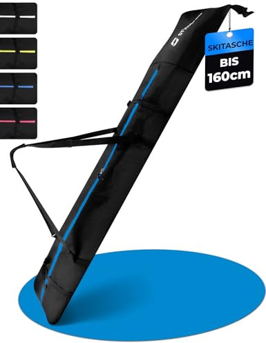 STYNGARD Skitasche Kinder mit Rolltop [bis 160 cm] - Kinder Skisack aus robustem Material mit hochwertigen Reisverschlüssen - Ski Bag Modell Andermatt (Schwarz-Blau)