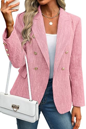 ELLEVEN Damen Tweed-Blazer Business Casual - Langarm Zweireihige Jacken vorne offen Arbeitsanzüge, Helles Pink, XL