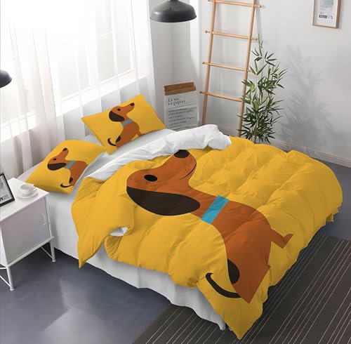 Gelb Braun Bettwäsche Set 3 teilig, SüßEr Dackel Drucken Microfaser Bettwaren-Sets Mit Reißverschluss für Vier Jahreszeiten Enthält 1 Bettbezug 135 × 200 cm und 2 Kissenbezug