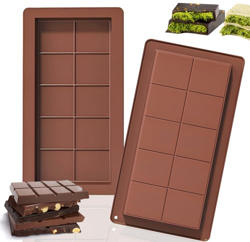 2 Pièces Moules à Chocolat en Silicone, Moule Silicone Chocolat, Moule Tablette en Chocolats, Moules à Chocolats en Antiadhésif de Qualité Alimentaire pour Chocolate Maison, Gaufres