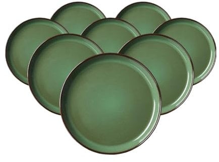 Ritzenhoff & Breker Visby Dessertteller 8er Set, 20 cm, Runde Frühstücksteller mit braunem Rand, Skandinavisches Design, Steingut, Grün