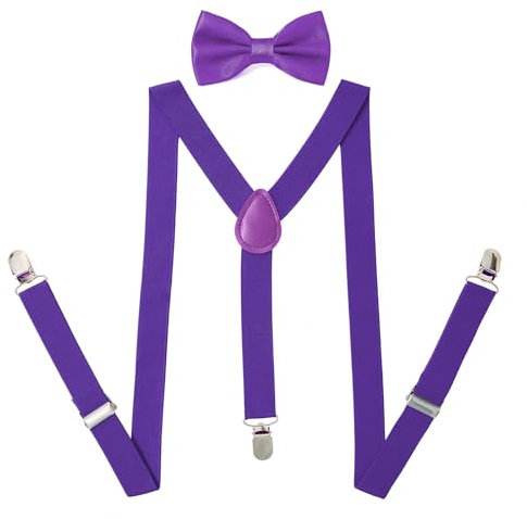 PONCEAU 2 Set Hosenträger und Fliege für Herren und Damen，2.5 cm breiter Hosenträger Herren in Y-Form Elastisch und Verstellbar mit Farblich Passender Fliege 12 x 7 cm