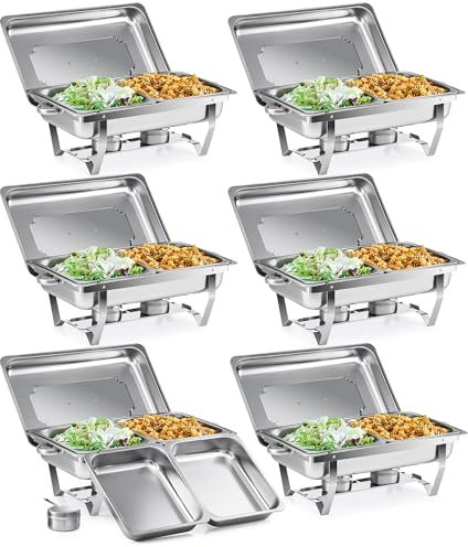 WILPREP Chafing Dish Buffet Set, 9L Rectangle Stainless Steel Food Warmer Container with Lids Food Pans Bain Maries and Fuel Holders for Catering, Buffet and Party (Set of 6 1/2 + 1/2 GN Containers)