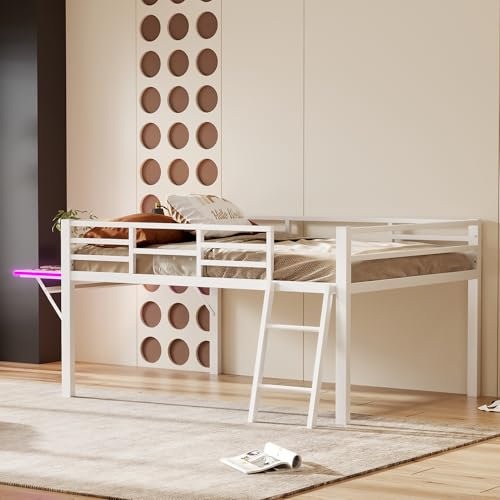 Halbhochbett für Kinder, Metallbett mit Leiter & led Faltbare Schreibtisch & Geländer, Kinderbett mit Lattenrost, Bettgestell, für Jungen und Mädchen (Weiß, 140x200)