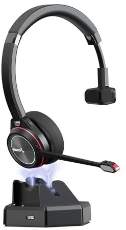 Mairdi Bluetooth Headset with Microphone for PC, 40H Wireless Headset Noise Canceling with Charging Station & USB Dongle, Mono Wireless Headphones for Laptop Mobile Phone Call Center Office Zoom Teams
