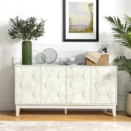 HULALA HOME Storage Sideboard Cabinet with 4 Doors Modern Sideboard with Solid Wood Legs and 2 Shelves, White