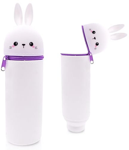 Trousse à crayons en silicone avec motif animal - jolie trousse d'école 2 en 1 en silicone souple | Trousse à crayons et porte-stylos | Trousse à crayons pour l'école, le bureau (Lapin blanc)