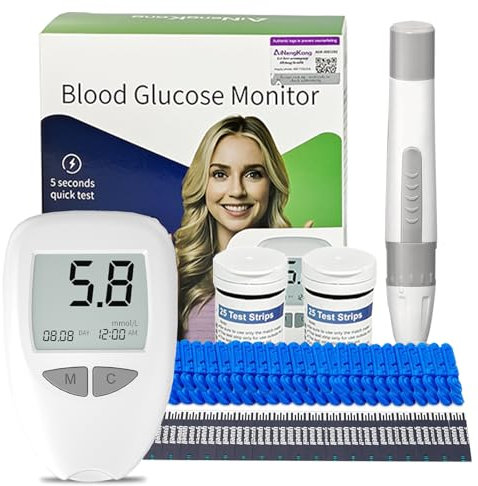 Blood Glucose Test Kit for Diabetes with Blood Sugar Monitor Test Strips and Lancing Devices Accurate Results for Home Use Easy to Use Test Strips x 50 and Low Pain Lancing Devices x 50