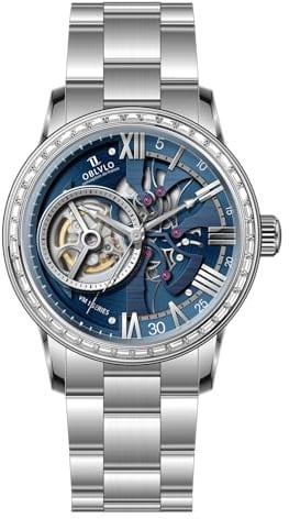 OBLVLO Herren-Automatikuhr mit Diamantlünette, ausgehöhlter Lupe, synthetischer Saphir, wasserdicht, mechanische Armbanduhr VMQ-S-D