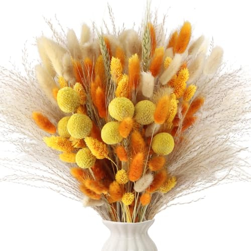 Xbessc 128 Pièce Pampas Sechees Décoration Orange Bouquet Fleurs Séchées | Naturelles Herbe de La Pampa Automne 43cm Kit Fleurs Sechees Boho Décoration pour Tables de Mariage et Chambre
