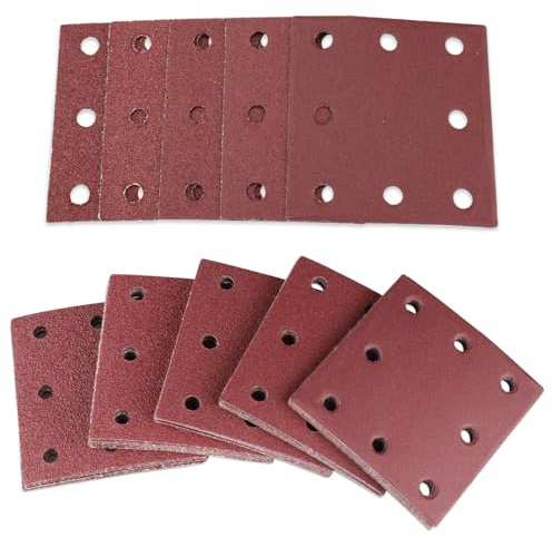 Inodiref 50 Pieces Sandpaper 115x110mm Sanding Sheets Set, Sanding Pads | Stick and Peel,40/60/80/120/240 Grits,Sander Pads,8 Holes,Sander Paper,for Electric Sander Rinding Polishing and Rust Removal