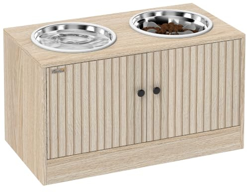 PawHut Hundenapf erhöht Futternapf mit Aufbewahrungsschrank, 2x2L Schüsseln mit Anti-Rutsch-Ringe, rutschfest Futterstation mit Langsamfutternapf für große Hunde Eiche