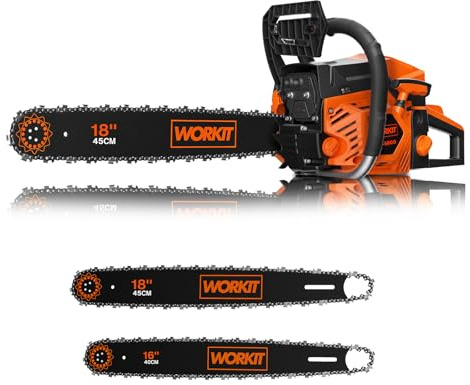 WORKIT 54 cm³ Benzin Kettensäge (3,4 PS), Motorsäge Benzin Profi-Set mit 45 cm (18) & 40 cm (16) Schwert, Easy-Start Benzinkettensäge für Forst & Brennholz, 12.000 U/min, inkl. 2 Sägeketten
