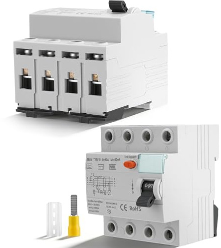 FI Schutzschalter Type B, RCCB Schutzschalter Typ B 4-polig (3P+N)｜40A 30mA allstromsensitiv｜Kurzschlussfest 10000A｜für Wallboxen, PV-Anlagen, Ladestationen｜DIN-Hutschienenmontage