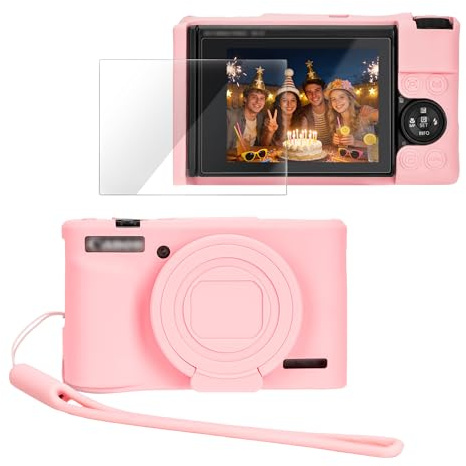 PROfezzion for Canon PowerShot SX740 hs Silicone Case Protective Cover | Pink, Glass Screen Protector and Wrist Strap Included, Slim Fit, Jacket Sleeve Accessories, Fits Canon PowerShot SX740 hs