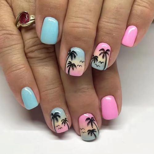 24PCS Hawaiian Beach Press On Nails - Square False Nails with Ocean Blue Pink Design and Coconut Tree Pattern - ABS Material with Jelly Adhesive Tabs for Tropical Holiday Looks