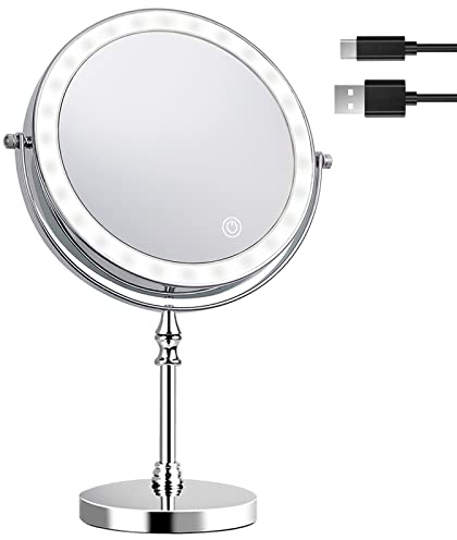 Amelar Kosmetikspiegel mit Beleuchtung, 1X/10X Vergrößerung, 2000mAh Wiederaufladbar 3 Farben Dimmable Schminkspiegel, 360° Schwenkbar Doppelseitiger Makeup Spiegel, Tischspiegel