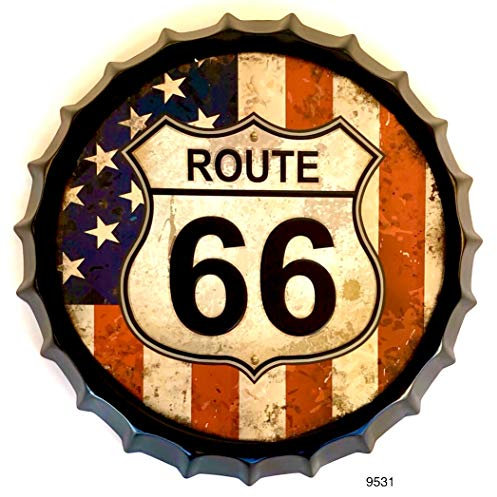 Targa di impiallacciatura Tappo di bottiglia Route 66 Bandiera Americana Decorazione Vintage Americana in Metallo 42x42 cm (Route 66 Bandiera USA)