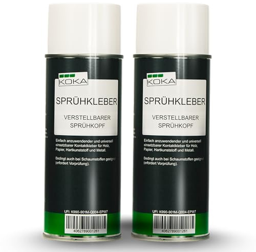 KOKA Sprühkleber 400 ml, 2er Set (2 x 400 ml) - hitzebeständiges Klebespray für Dachhimmel, Filz, Leder, Schaumstoff & Kunststoff – starke Haftung, schnelle Trocknung, wasserfest & benzinfest