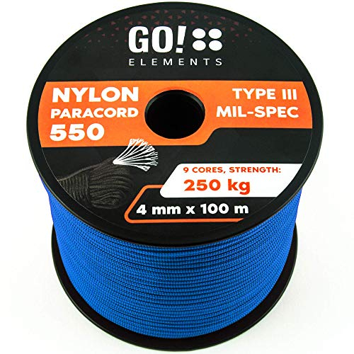 GO!elements 100m Paracord Seil aus reißfester Nylonschnur - 4mm Paracord 550 Typ III Schnur - geeignet als Allzweckseil & Reepschnur - Max. 250kg, Farbe: Blau
