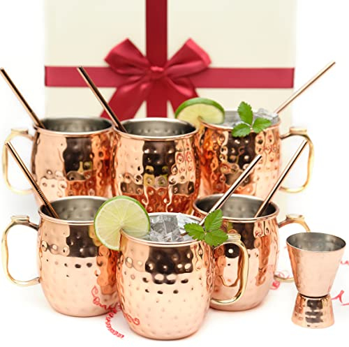 Kitchen Science [Gift Set] Moscow Mule Mugs, Stainless Steel Lined Copper Moscow Mule Cups Set of 6 (18oz) w/Straws, Jigger, Spoon & Brush | Tarnish-Resistant Stainless Steel Interior